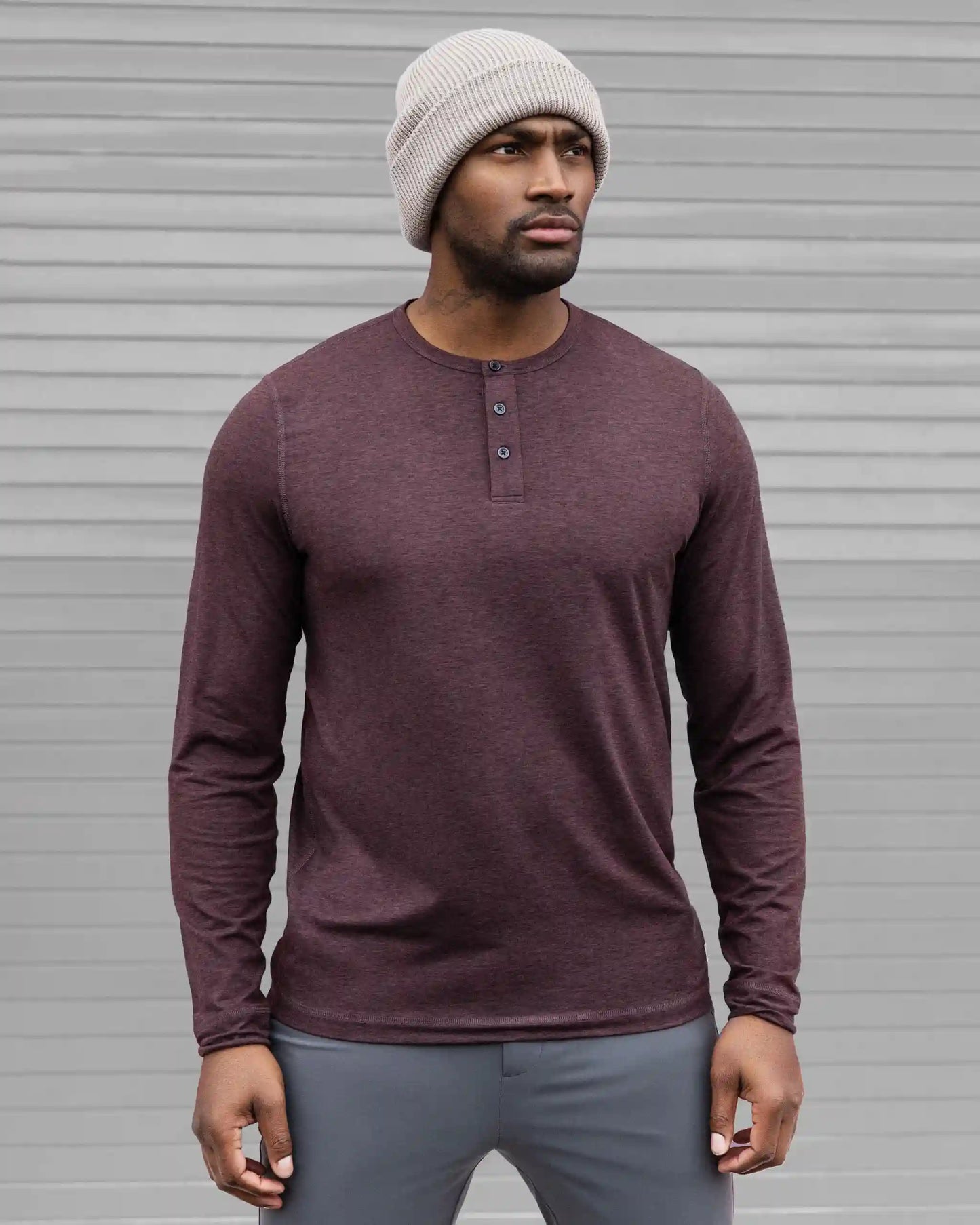 Long-Sleeve Ease Performance Henley | Mahogany Heather